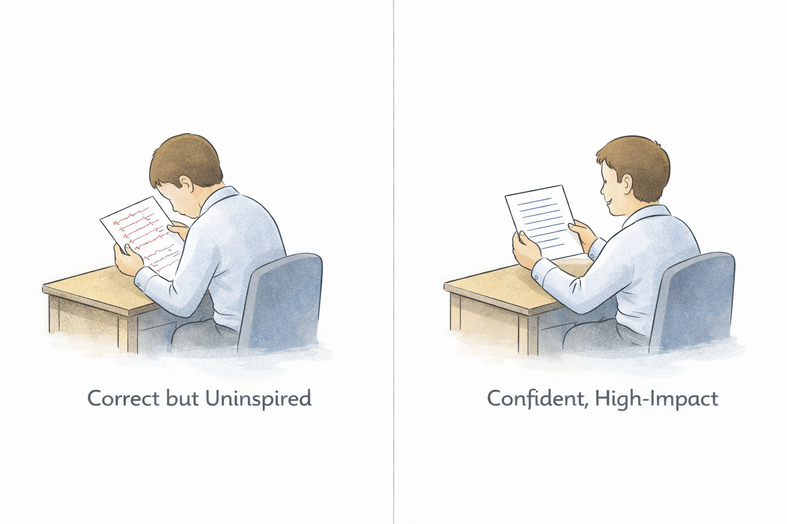 Two-panel illustration: Left shows person looking stressed at document with red marks labeled Correct but Uninspired, Right shows confident person holding clean document labeled Confident High-Impact